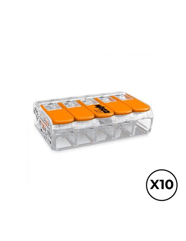 CONECTOR RÁPIDO CON PALANCA 5 VIAS, Ø MAXIMO 4 mm²,  450 V , 32 A TRANSPARENTE 30 x 18,6 x 8,4 mm, 10 uds