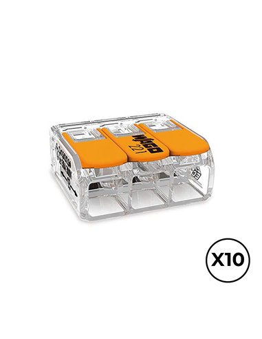 CONECTOR RÁPIDO CON PALANCA 3 VIAS, Ø MAXIMO 6 mm²,  450 V , 41 A TRANSPARENTE 22,9 x 21,1 x 10,1 mm, 10 uds