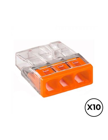 CONECTOR RÁPIDO 3 VIAS, Ø MÁXIMO 2,5 mm², TRANSPARENTE / NARANJA, 10 uds