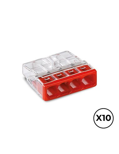 CONECTOR RÁPIDO 4 VIAS, Ø MAXIMO 2,5 mm², TRANSPARENTE / ROJA, 10 uds