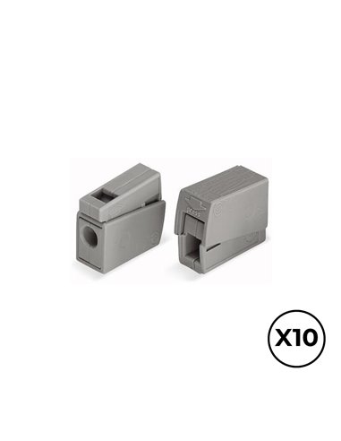 CONECTOR RÁPIDO EN LINEA PRESILLA 2 VIAS, 1 RÍGIDO + 1 RÍGIDO, SEMIRÍGIDO O FLEXIBLE Ø MÁXIMO 2,5 mm², GRIS, 10 uds