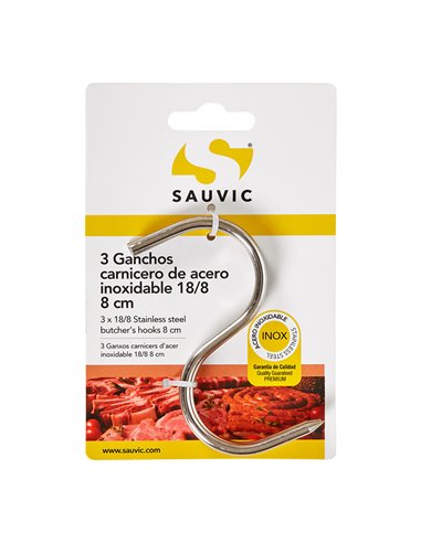 GANCHOS CARNICERO INOXIDABLE 18/8, 8 cm DE LONGITUD, BLÍSTER 3 unidades