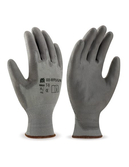 GUANTES POLIÉSTER GRIS CON RECUBRIMIENTO DE POLIURETANO GRIS EN388, TALLA 8
