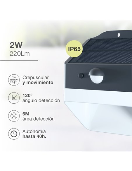 Aplique solar LED Senise con sensor de movimiento y crepuscular 2W 4000K