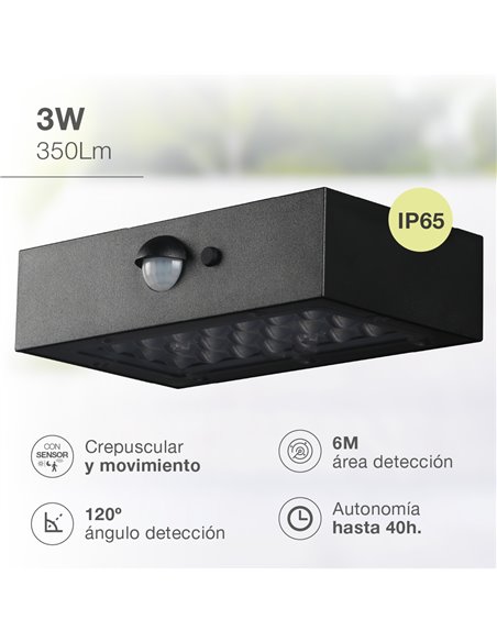 Aplique solar LED Piana con sensor de movimiento y crepuscular 3W 6500K