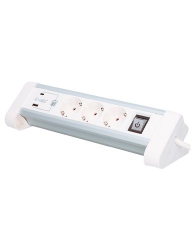 Base múltiple sobremesa 3T + 1 USB A + 1 USB Tipo C + Int (3x1.5mm) 1,4M Blanco