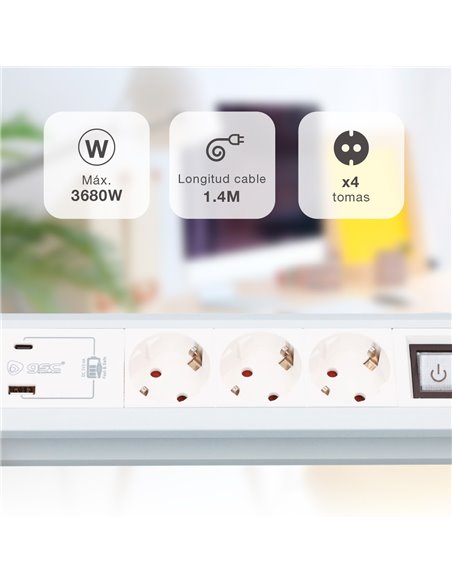 Base múltiple sobremesa 3T + 1 USB A + 1 USB Tipo C + Int (3x1.5mm) 1,4M Blanco