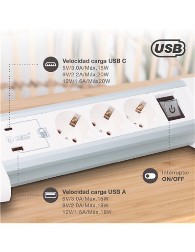 Base múltiple sobremesa 3T + 1 USB A + 1 USB Tipo C + Int (3x1.5mm) 1,4M Blanco