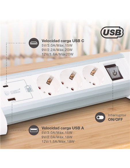 Base múltiple sobremesa 3T + 1 USB A + 1 USB Tipo C + Int (3x1.5mm) 1,4M Blanco