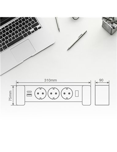 Base múltiple sobremesa 3T + 1 USB A + 1 USB Tipo C + Int (3x1.5mm) 1,4M Blanco