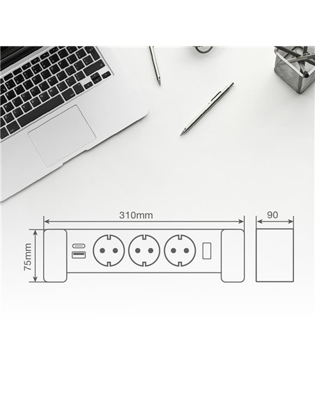Base múltiple sobremesa 3T + 1 USB A + 1 USB Tipo C + Int (3x1.5mm) 1,4M Blanco