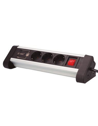 Base múltiple sobremesa 3T + 1 USB A + 1 USB Tipo C + Int (3x1.5mm) 1,4M Negro