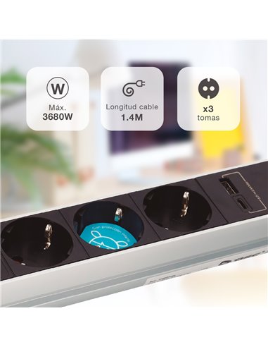 Base múltiple empotrable 3T + 1 USB A + 1 USB Tipo C (3x1.5mm) 1,4M