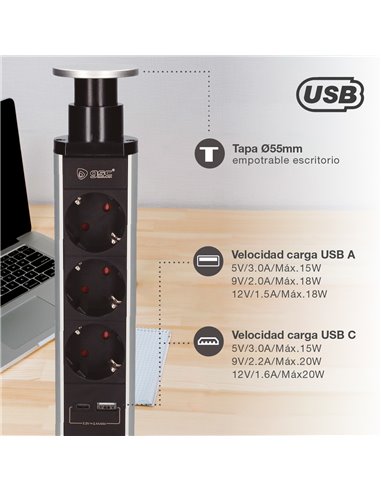 Base múltiple empotrable 3T + 1 USB A + 1 USB Tipo C (3x1.5mm) 1,4M