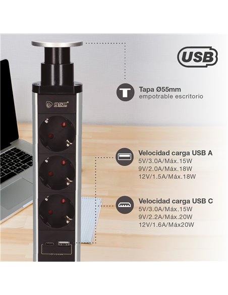 Base múltiple empotrable 3T + 1 USB A + 1 USB Tipo C (3x1.5mm) 1,4M