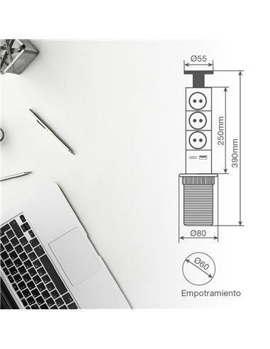 Base múltiple empotrable 3T + 1 USB A + 1 USB Tipo C (3x1.5mm) 1,4M
