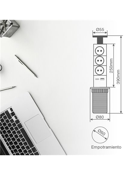 Base múltiple empotrable 3T + 1 USB A + 1 USB Tipo C (3x1.5mm) 1,4M