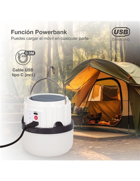 Linterna solar LED camping recargable USB powerbank 300lm
