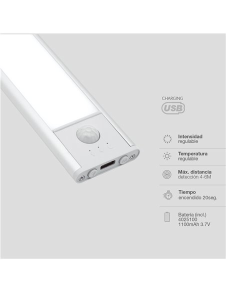 Luz de armario LED Tibuka con sensor movimiento y crepuscular 0.8W 3000 - 4000 - 6500K