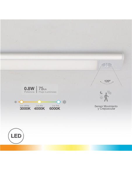 Luz de armario LED Tibuka con sensor movimiento y crepuscular 1.8W 3000 - 4000 - 6500K