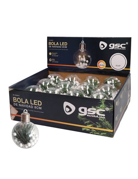 Bola de navidad LED 8cm 3xLR44 Luz cálida - 12u caja exp
