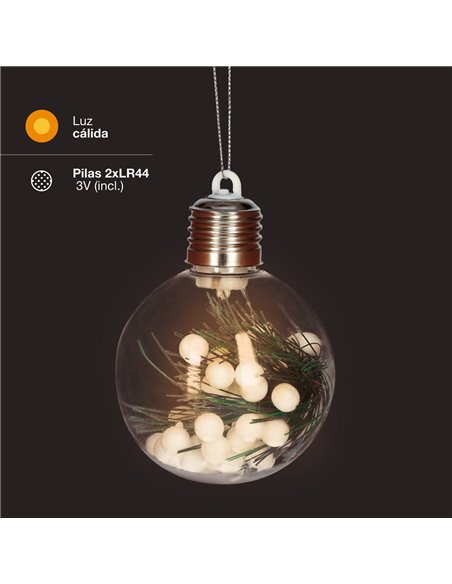 Bola de navidad LED 8cm 3xLR44 Luz cálida - 12u caja exp