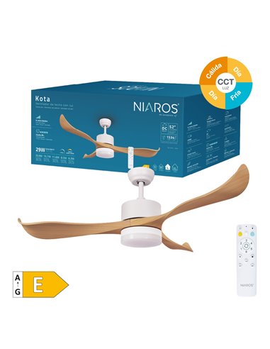 Ventilador techo Kota con luz CCT regulable y mando Ø132 3 aspas DC Blanco