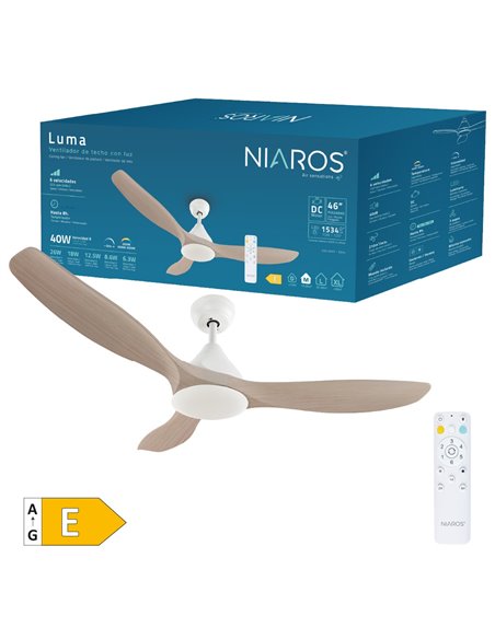 Ventilador techo Luma con luz CCT regulable y mando Ø117 3 aspas DC Blanco