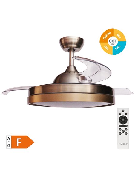 Ventilador techo Lugela con luz CCT regulable y mando Ø107 3 aspas retráctiles DC Dorado