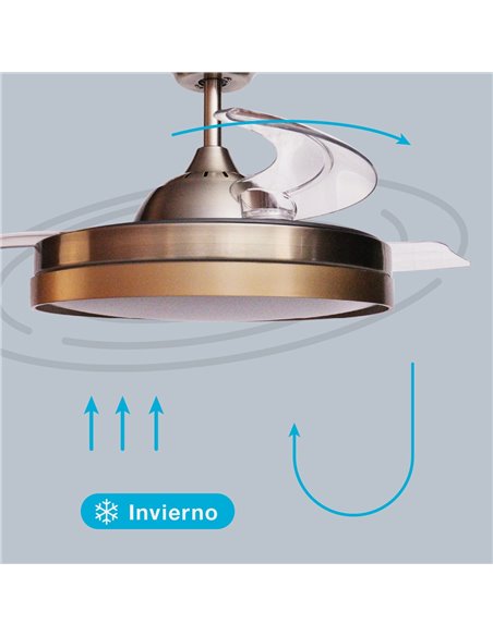 Ventilador techo Lugela con luz CCT regulable y mando Ø107 3 aspas retráctiles DC Dorado