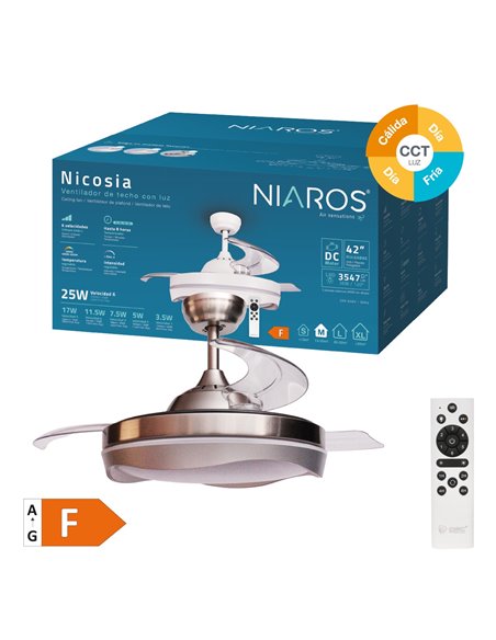 Ventilador techo Nicosia con luz CCT regulable y mando Ø107 3 aspas retráctiles DC Níquel