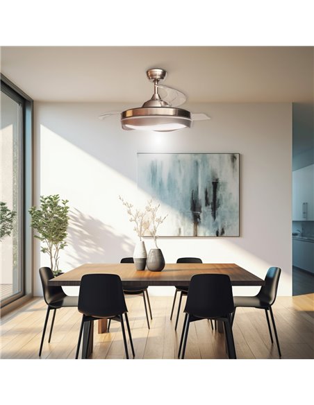 Ventilador techo Nicosia con luz CCT regulable y mando Ø107 3 aspas retráctiles DC Níquel