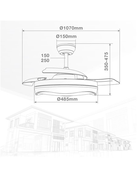 Ventilador techo Nicosia con luz CCT regulable y mando Ø107 3 aspas retráctiles DC Níquel