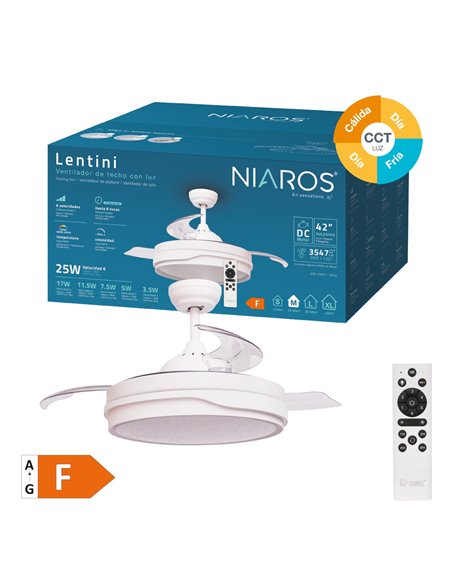 Ventilador techo Lentini con luz CCT regulable y mando Ø107 3 aspas retráctiles DC Blanco