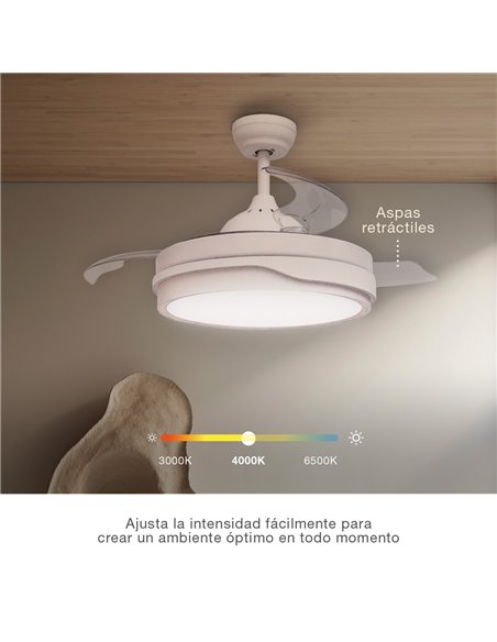 Ventilador techo Lentini con luz CCT regulable y mando Ø107 3 aspas retráctiles DC Blanco