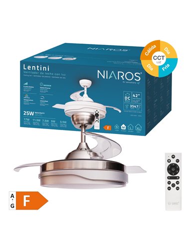 Ventilador techo Lentini con luz CCT regulable y mando Ø107 3 aspas retráctiles DC Níquel