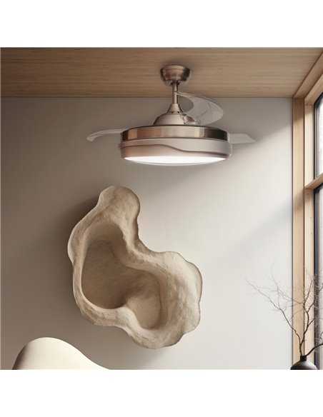 Ventilador techo Lentini con luz CCT regulable y mando Ø107 3 aspas retráctiles DC Níquel