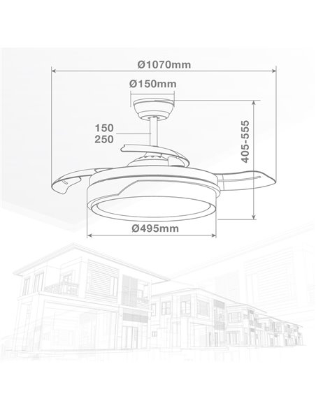 Ventilador techo Lentini con luz CCT regulable y mando Ø107 3 aspas retráctiles DC Níquel