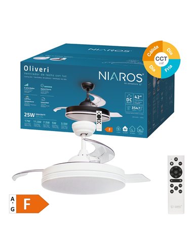 Ventilador techo Oliveri con luz CCT regulable y mando Ø107 3 aspas retráctiles DC Blanco