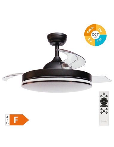 Ventilador techo Oliveri con luz CCT regulable y mando Ø107 3 aspas retráctiles DC Negro