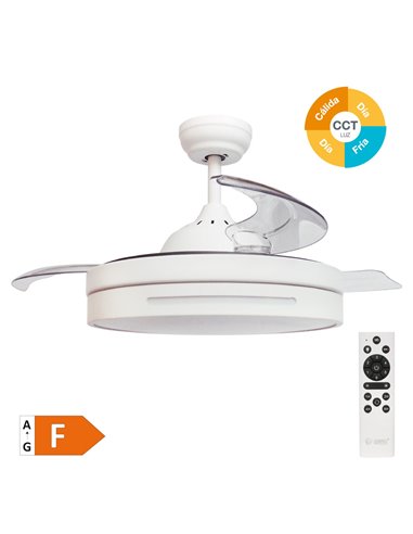 Ventilador techo Buccheri con luz CCT regulable y mando Ø107 3 aspas retráctiles DC Blanco