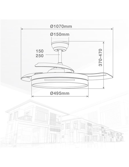 Ventilador techo Buccheri con luz CCT regulable y mando Ø107 3 aspas retráctiles DC Blanco