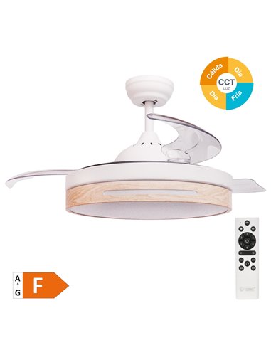 Ventilador techo Buccheri con luz CCT regulable y mando Ø107 3 aspas retráctiles DC Blanco
