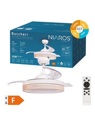Ventilador techo Buccheri con luz CCT regulable y mando Ø107 3 aspas retráctiles DC Blanco