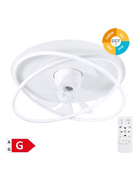 Ventilador techo rotativo Olmeto con luz CCT regulable y mando Ø50 7 aspas DC Blanco