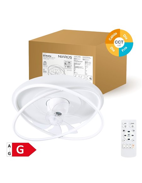 Ventilador techo rotativo Olmeto con luz CCT regulable y mando Ø50 7 aspas DC Blanco