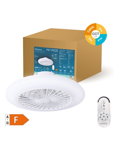 Ventilador techo Box Fan Talsano con luz CCT regulable y mando Ø50 8 aspas DC Blanco