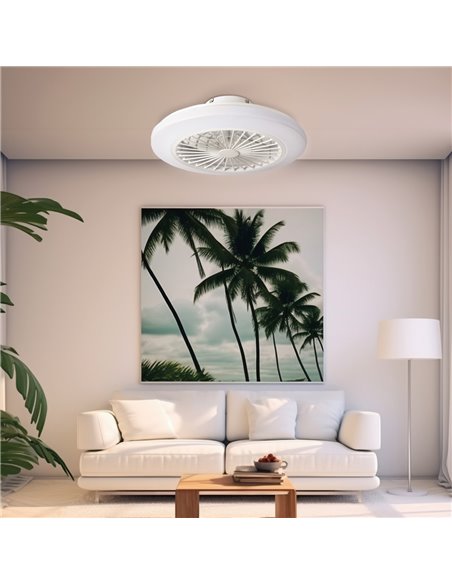 Ventilador techo Box Fan Talsano con luz CCT regulable y mando Ø50 8 aspas DC Blanco