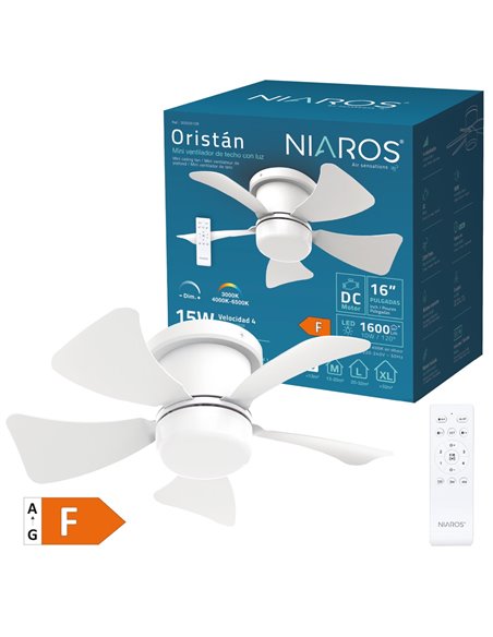 Mini ventilador techo Oristán con luz CCT regulable y mando Ø40 5 aspas DC Blanco