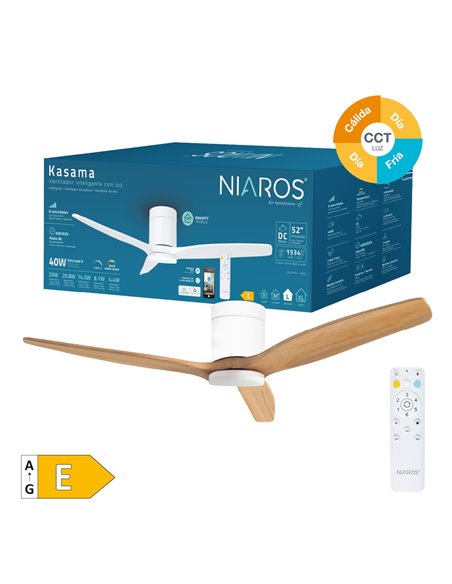 Ventilador techo inteligente Kasama con luz CCT regulable y mando Ø132 3 aspas DC Blanco